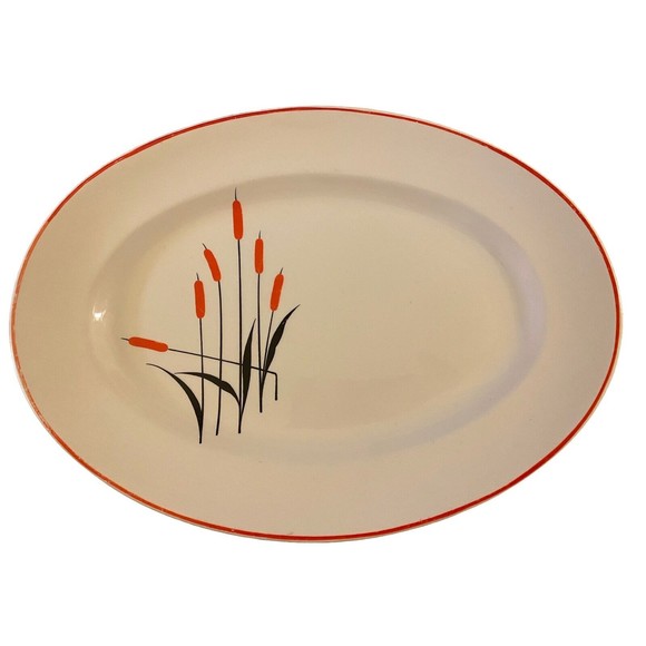 Camwood Ivory Universal-Cambridge Red Cattails Oval Serving Platter A72-1C - Picture 1 of 7